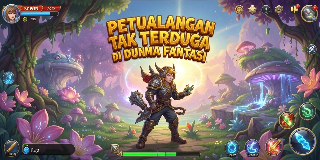 Screenshot gameplay KKWIN menampilkan karakter menjelajahi hutan ajaib.