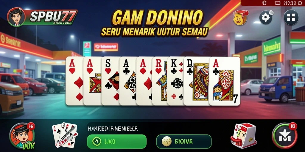 Screenshot utama SPBU77 menampilkan gameplay Domino yang seru dan interaktif.