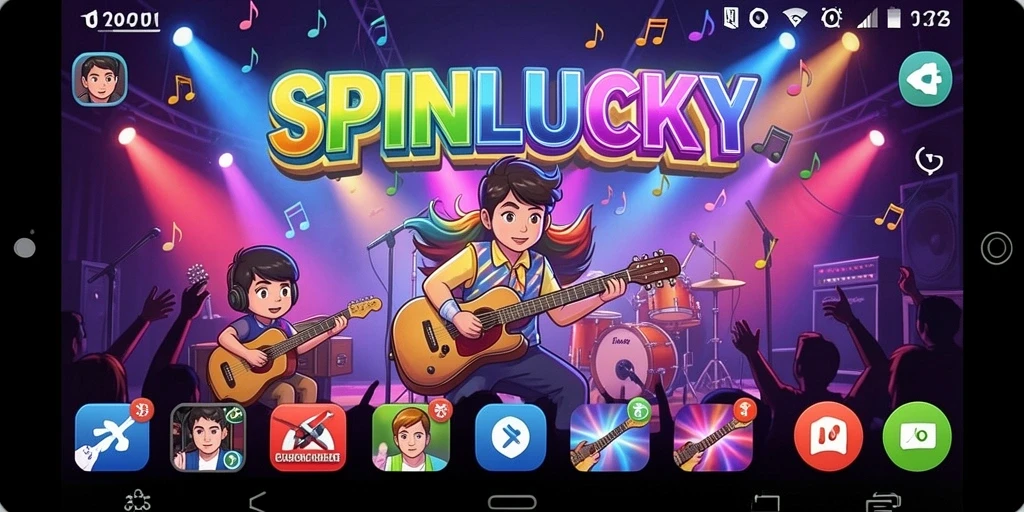Tampilan gameplay SPINLUCKY dengan berbagai lagu dan tantangan musik.