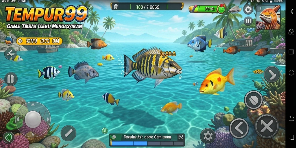 Tampilan gameplay seru dalam TEMPUR99 saat menangkap ikan.